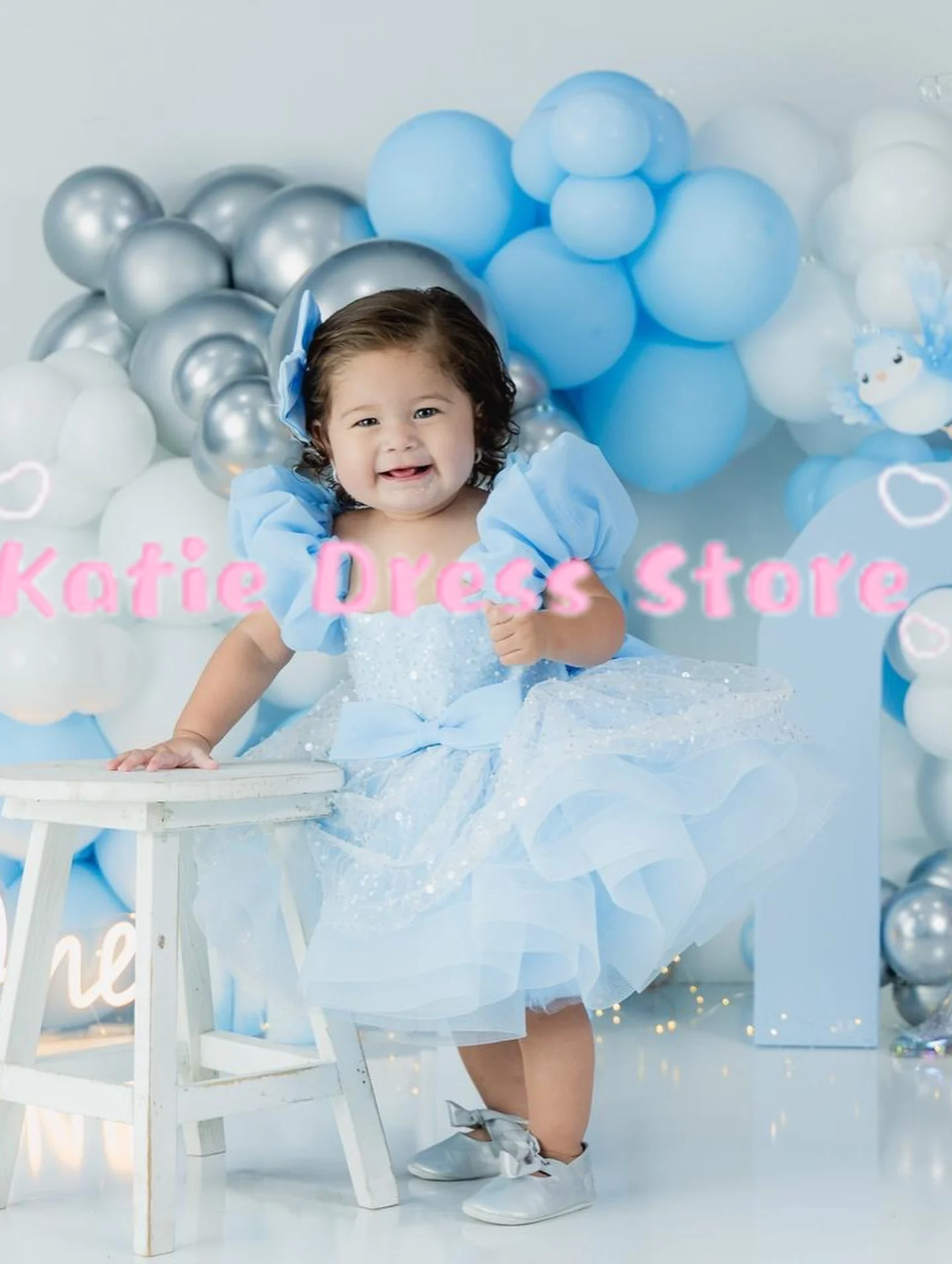 

Небесно-голубое пышное платье с блестками для девочек на свадьбу, из тюля, для дня рождения, первого причастия, бальные платья на заказ