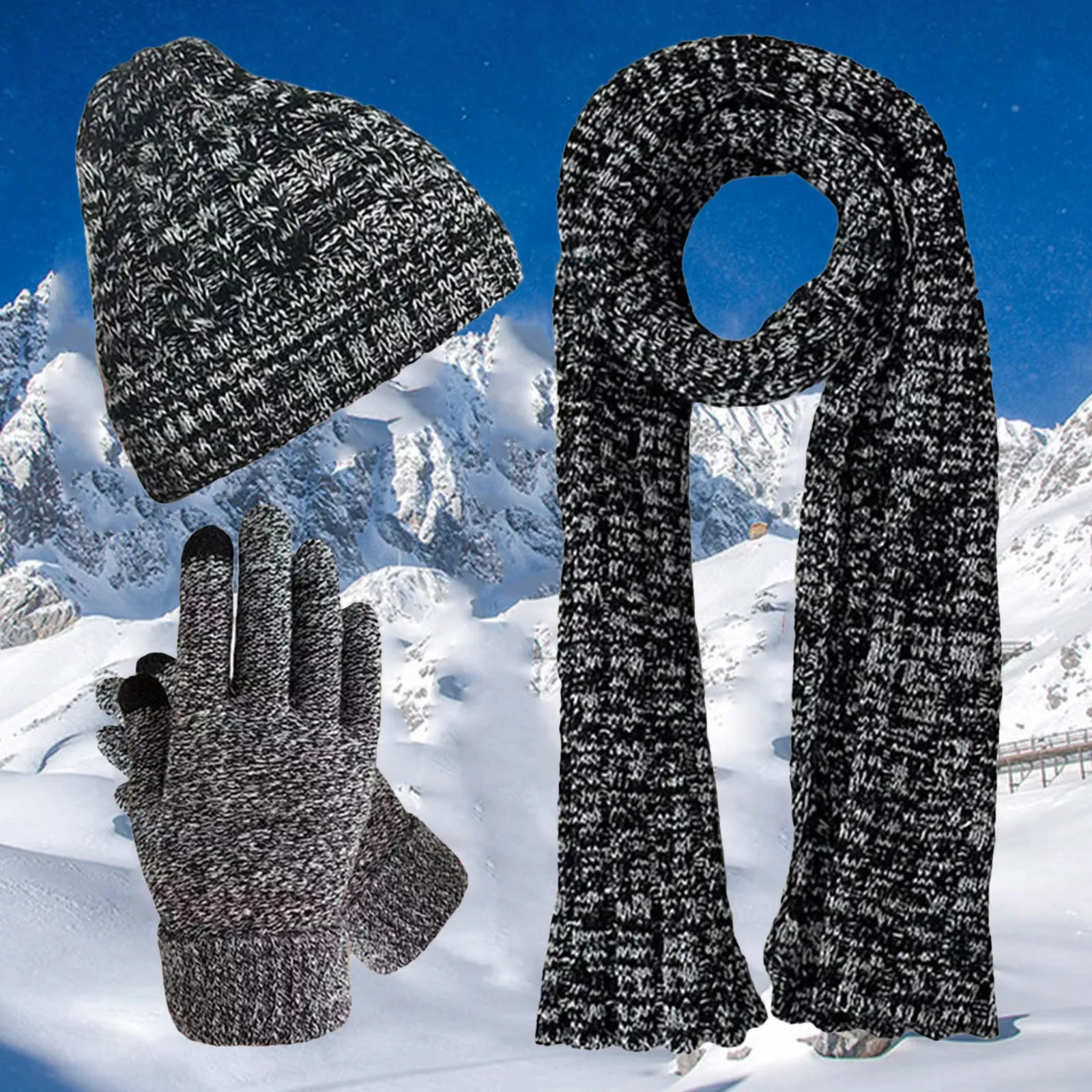 Ensemble écharpe et gants noirs unisexes pour hommes et femmes, bonnet en peluche, écran tactile, extérieur, plus chaud, hiver, 3 pièces