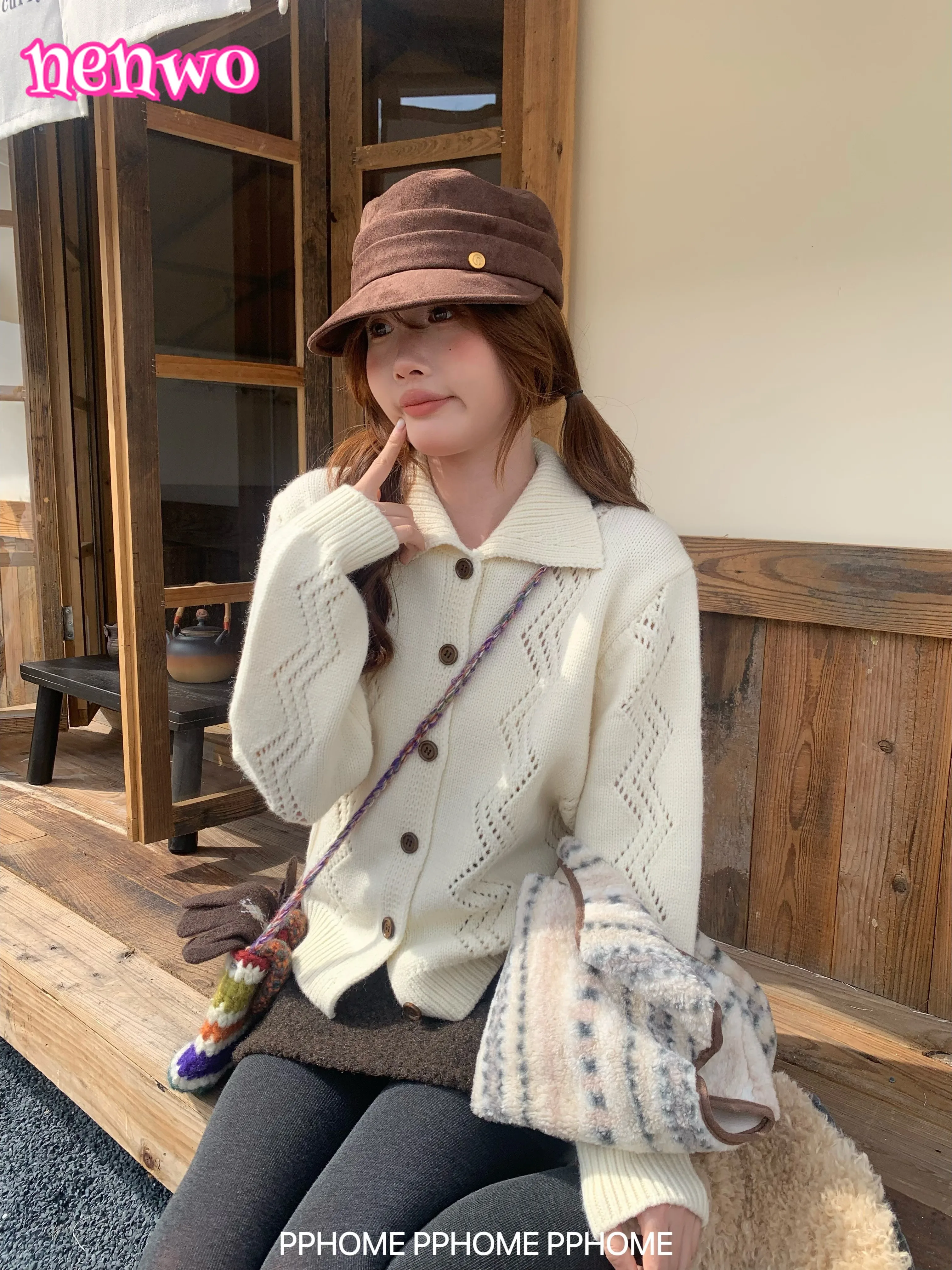 

Right Shoulder Layered Turn-Down Collar Sweater Coat for Women Loose and Lazy Style Knitted Cardigan Top for Autumn and Winter