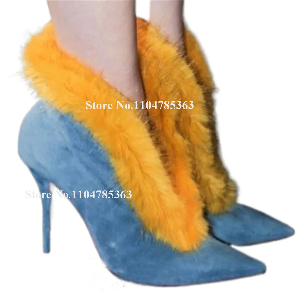 

Sexy Blue Suede Patchwork Orange Soft Fur Stiletto Heel Short Boots Pointed Toe V-cut Slip-on Thin Heel Ankle Booties