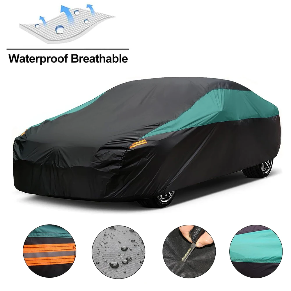 Universal Full Car Covers Outdoor Waterproof Sun Rain Snow UV Protection Black Green Splicing Color Cover Fit SUV/Sedan/Hatchbac