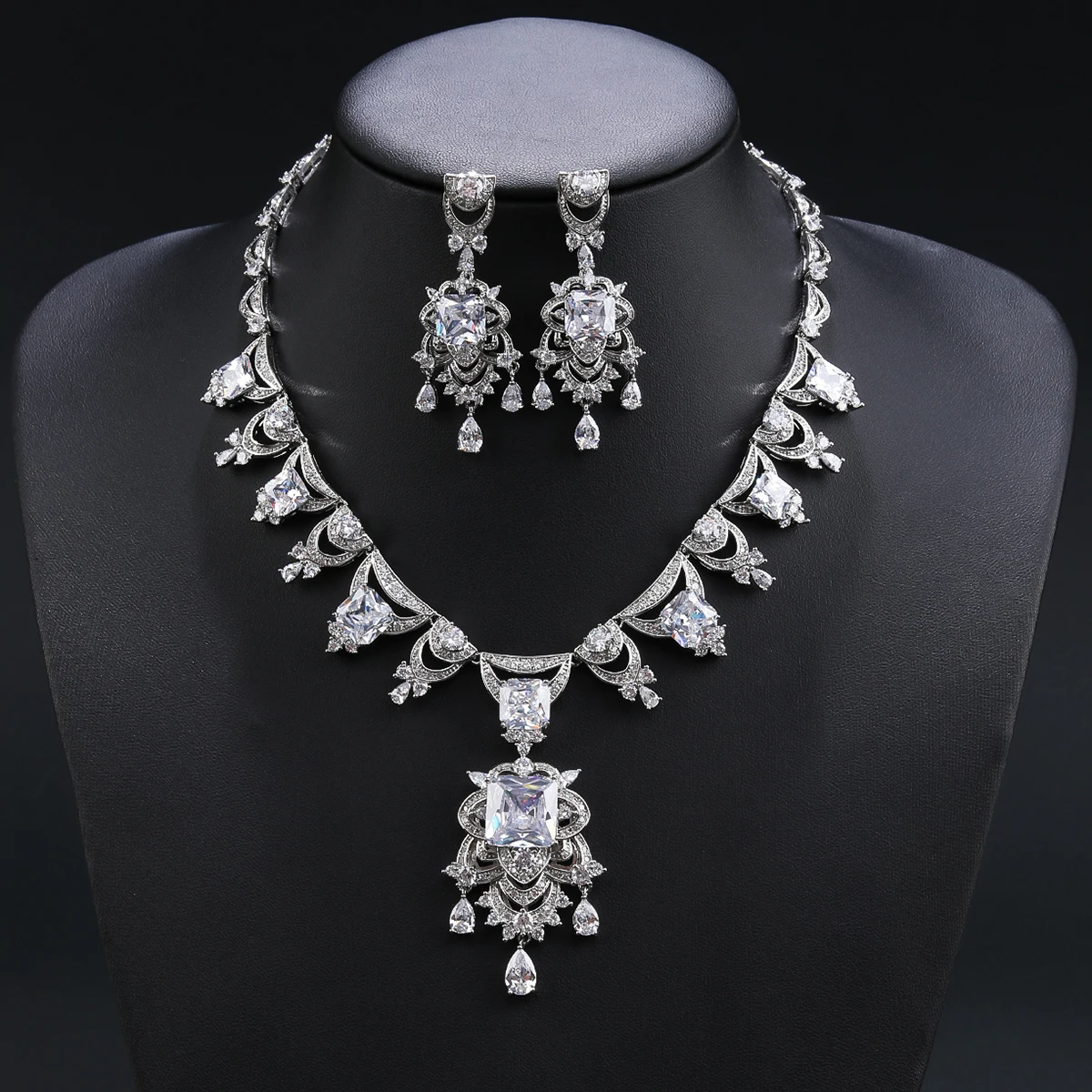 Luxury Bridal Wedding Jewelry Set Rectangular Shape Cubic Zirconia Ladies Party Necklace Earrings Set  CN11263