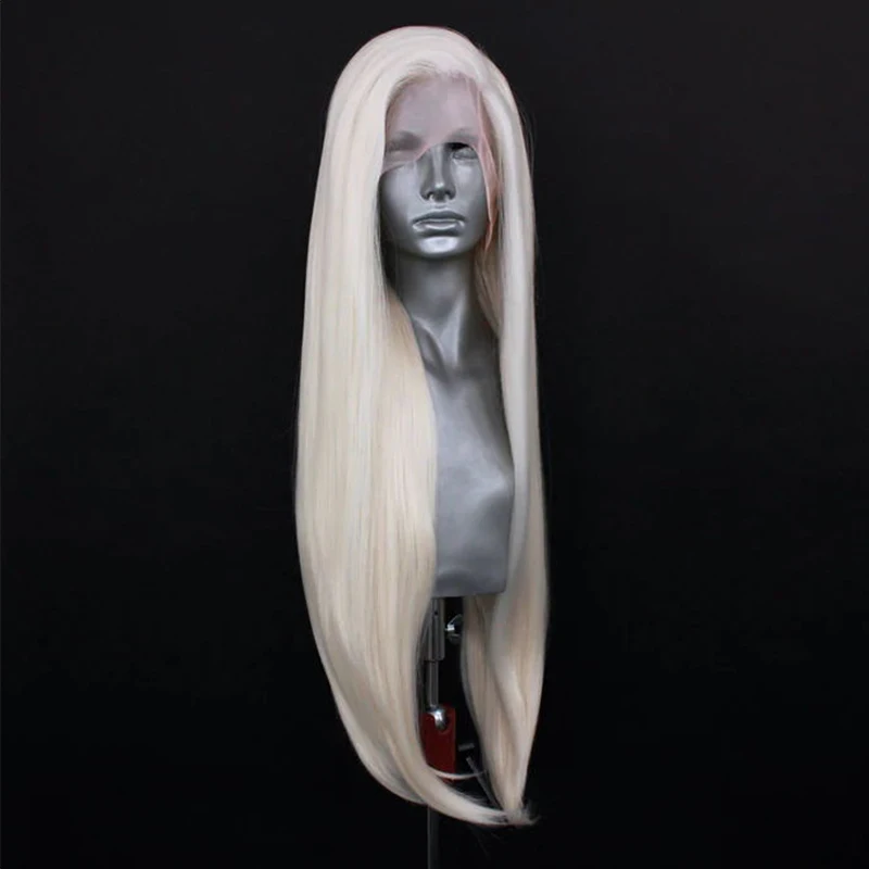 Icy Platinum Pirang Wig Lurus Sintetis 10% Rambut Manusia Campuran Renda Wig Depan Renda Wig Renda Serat Suhu Tinggi Sehari-hari