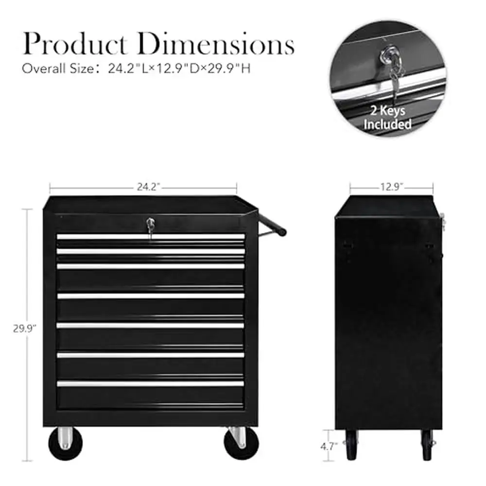 Tool Chest com Bandeja Organizadora, Divisor Set e Rodas, Rolling Tool Box, Steel Countertop, Garagem e Oficina de Armazenamento, 7 gavetas