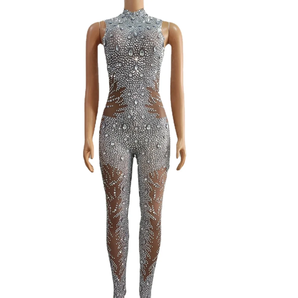 Tuta con strass in argento scintillante per le donne Sexy senza maniche in rete da sera per feste di compleanno vestito da spettacolo Costume da palcoscenico