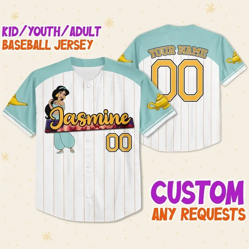 Disney Jasmine  Princess Custom Name Baseball Jersey Outdoor Sports Style Casual Jersey Men's and Women's Personalized T-shirt