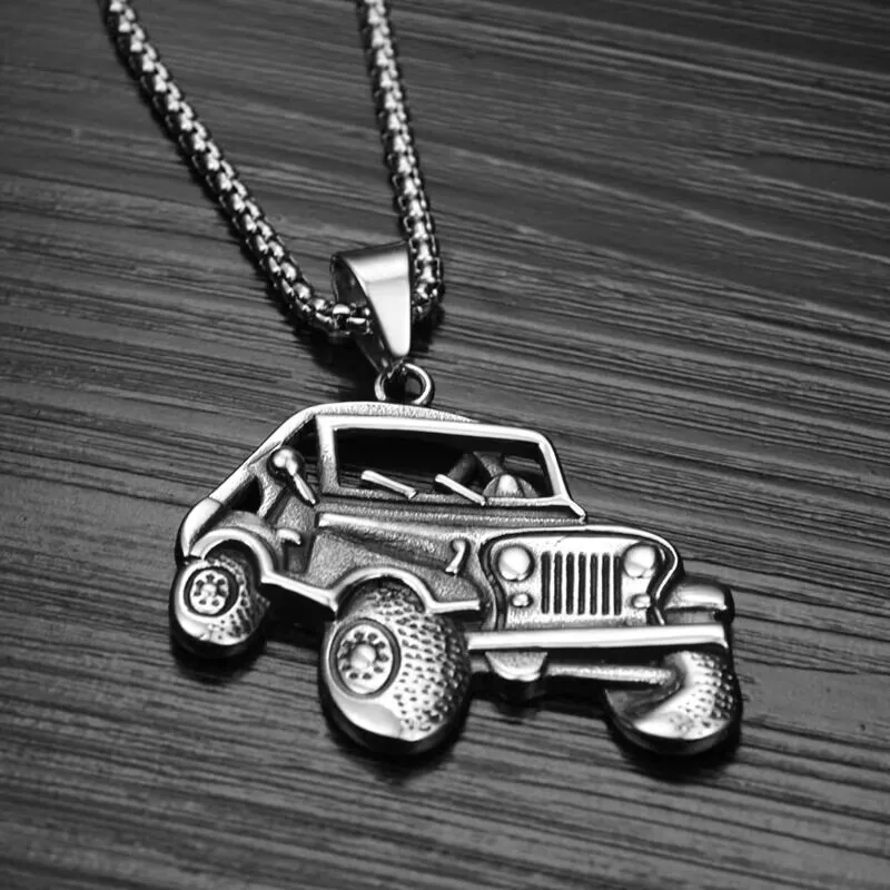 New Retro Silver Color Stainless Steel SUV Jeep Pendant Necklace Mens Driver  Fashion Jewelry off-road vehicle Necklace Rock Coo