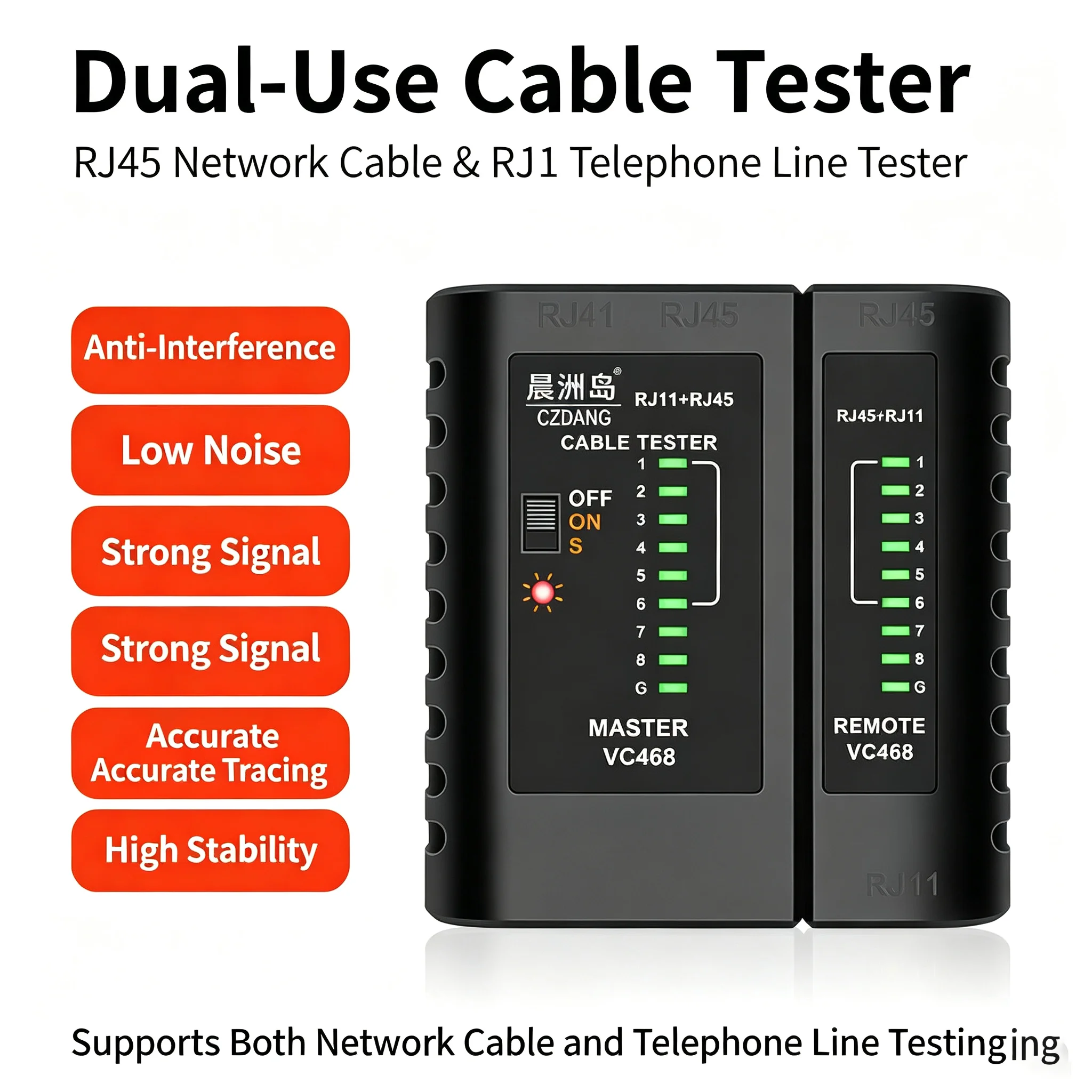 RJ45 RJ11 Cable Tester, Portable Network Cable Tester for 8P8C Ethernet & 6P6C Telephone Line, Continuity Check & Wire Sequence