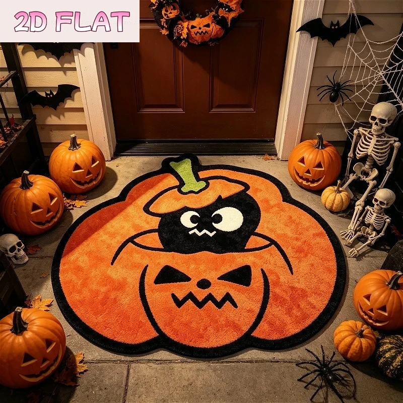 Halloween Die Cut Pumpkin Spider Flannel Doormat Machine Washable Indoor Outdoor Rug For Party Cute Spooky Decor Hostess Gift