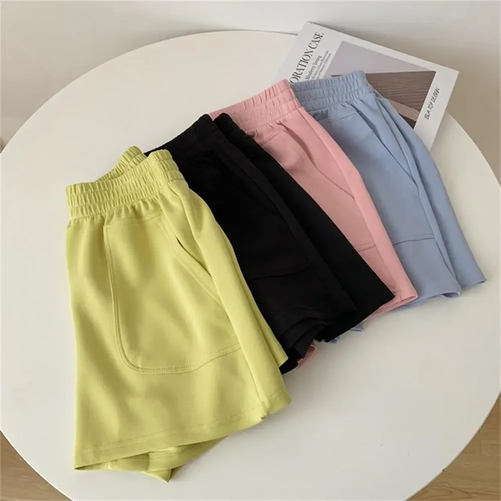 2024 Zomer Damesshort Met Hoge Taille Casual Sportshort Losse Homewear Broekjes Elastische Hotpants Effen Wijde Pijpen Zweet Kort