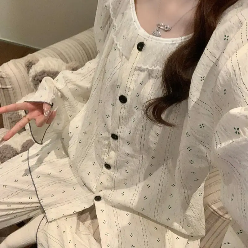 

Корейская версия хлопковой пижамы с цветочным принтом для девочек на осень, милые кружевные брюки с круглым вырезом и длинными рукавами для домашней одежды, новый стиль