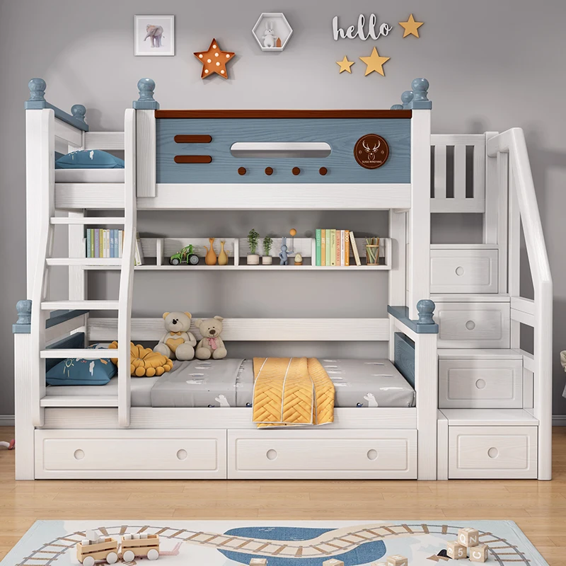 Rubberwood children's bed, solid wood bunk bed, storage, high and low mother and son beds, teen bunk beds, furniture, split beds