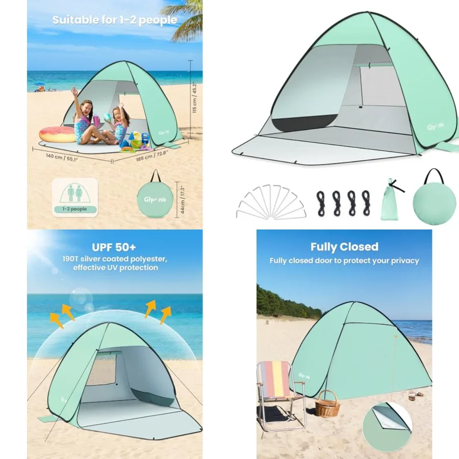 

Pop Up Beach Tent Beach Shade Tent for 1-4 Persons Sun Shelter UPF 50+ Enclose Zipper Door Portable Easy Up Beach Tent