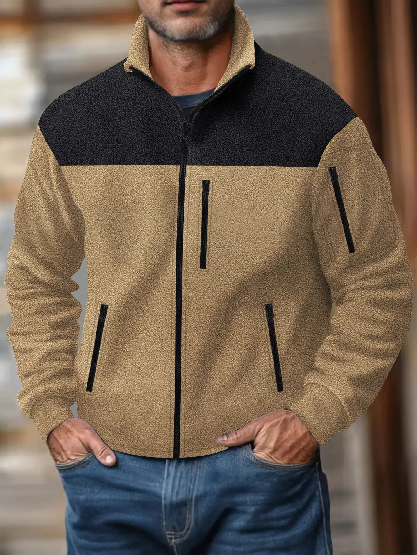 

2025 Europe and the United States men's fashion spring and autumn leisure arm zipper long-sleeved jacket color contrast top