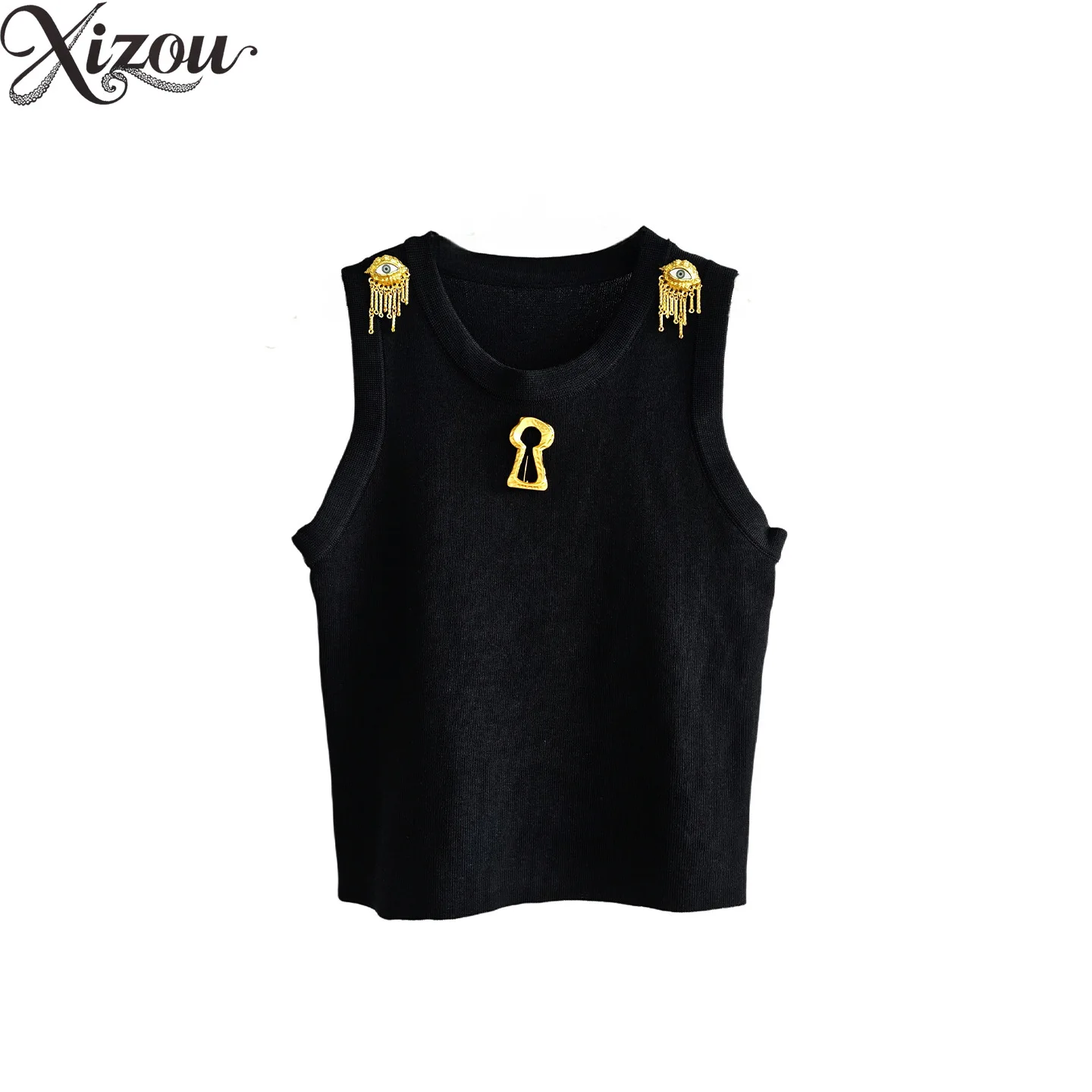 

Spicy Girl Retro Metal Buckle Keyhole Decor Short Knit Vest Black Slim Tops Summer Trendy Sleeveless Knitting Daily Streetwear