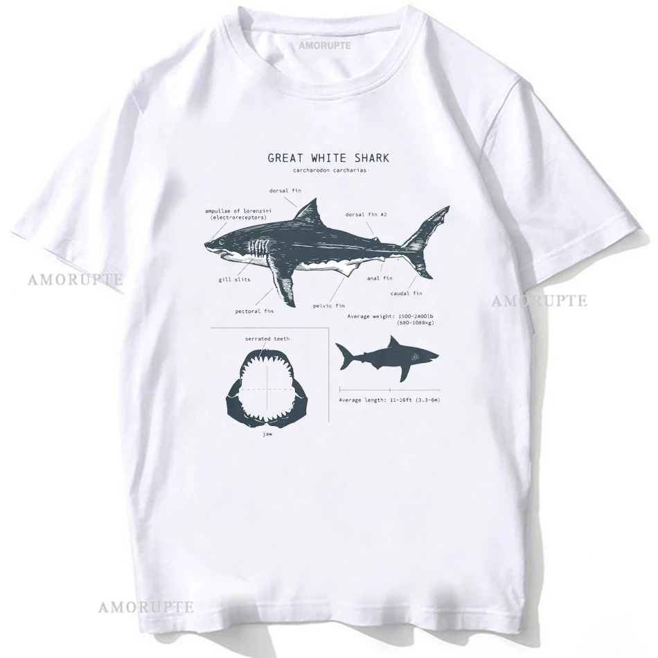 Great White Shark Anatomy T-Shirt New Summer Men Short Sleeve Hip Hop Punk Style Boy Casual Tops Fashion White Tees