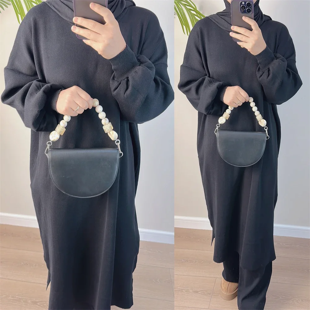 Two Pieces Set Winter Muslim Long Sleeve Knitted Dress and Wide-leg Pants Women Islam Clothing Femme Musulmane Abaya Kaftan Suit