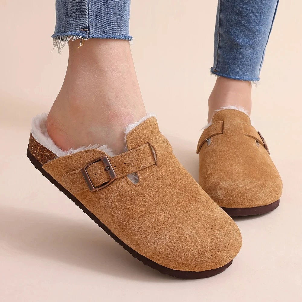 Crestar Fur Suede Clogs For Women Winter Fashion Cork Footbed Mules Slippers Outdoor Short Plush Warm Potato Shoes zuecos mujer