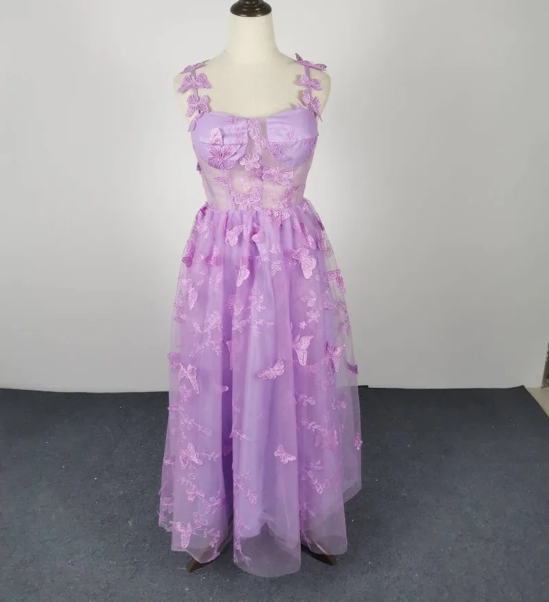 Vestido feminino de tule borboleta 3D, comprimento chá, bordado em renda, linha, espartilho de fadas, vestido de baile, robe banquete, vestidos de festa