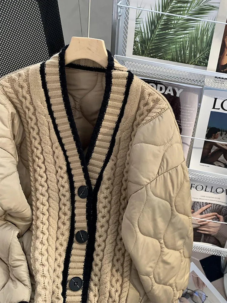 Parka informal de punto con cuello en V para mujer, abrigo de manga larga, chaqueta acolchada de un solo pecho, otoño e invierno, 2023