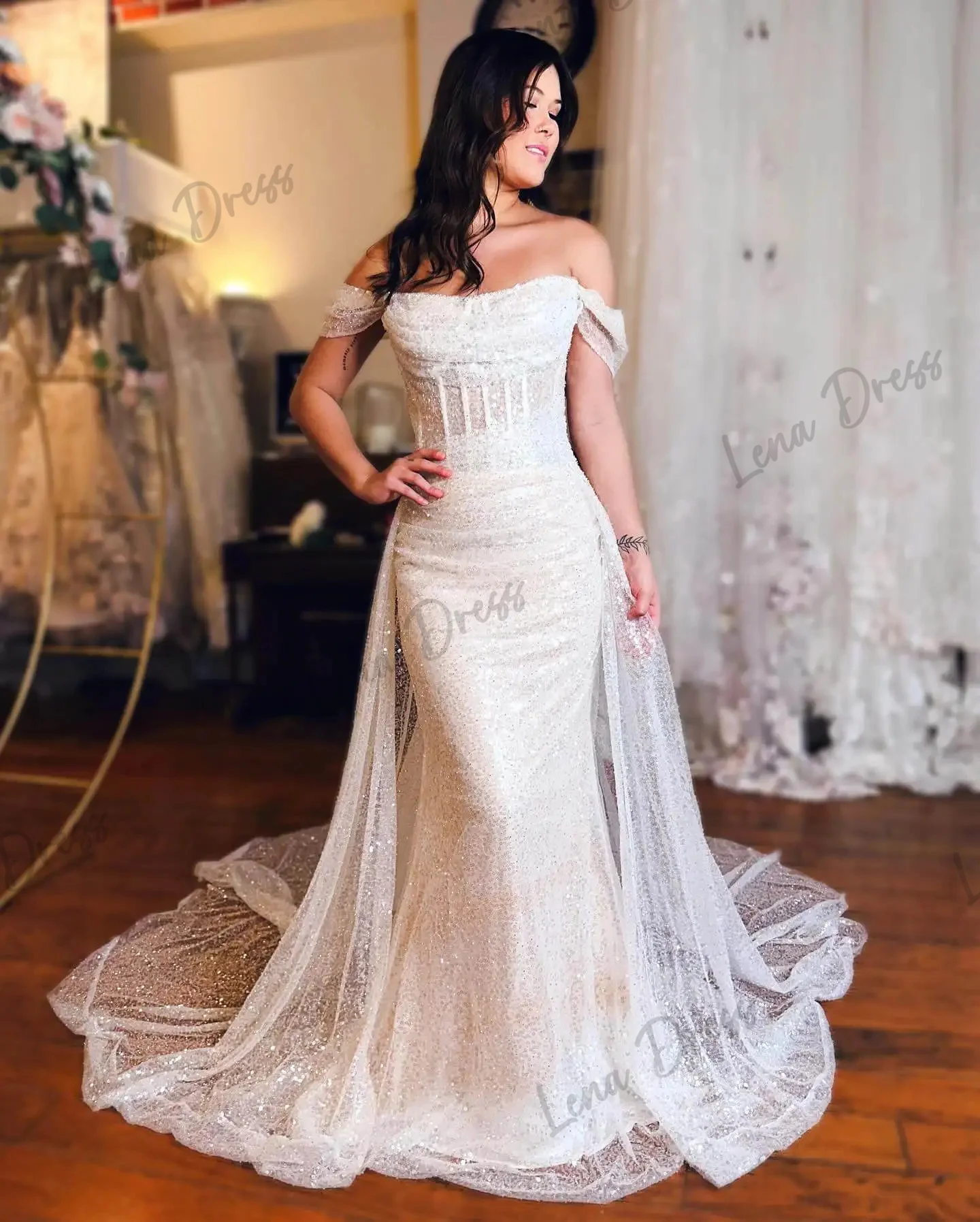 Lena Heavy Evening Dresses 2024 Luxury Beaded Lace Prom Dress Es Fish Tail White Formal Dresses Woman Off the Shoulders Party