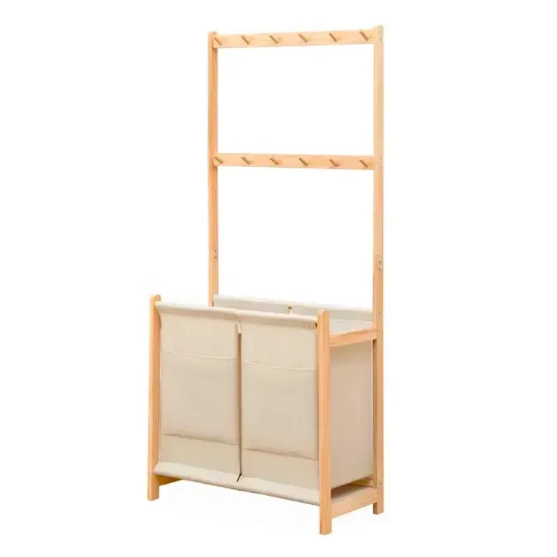 Multi Layer Bathroom Storage Rack with Coat Hanger and Dirty Clothes Basket Simple Multifunctional Organizer Shelf