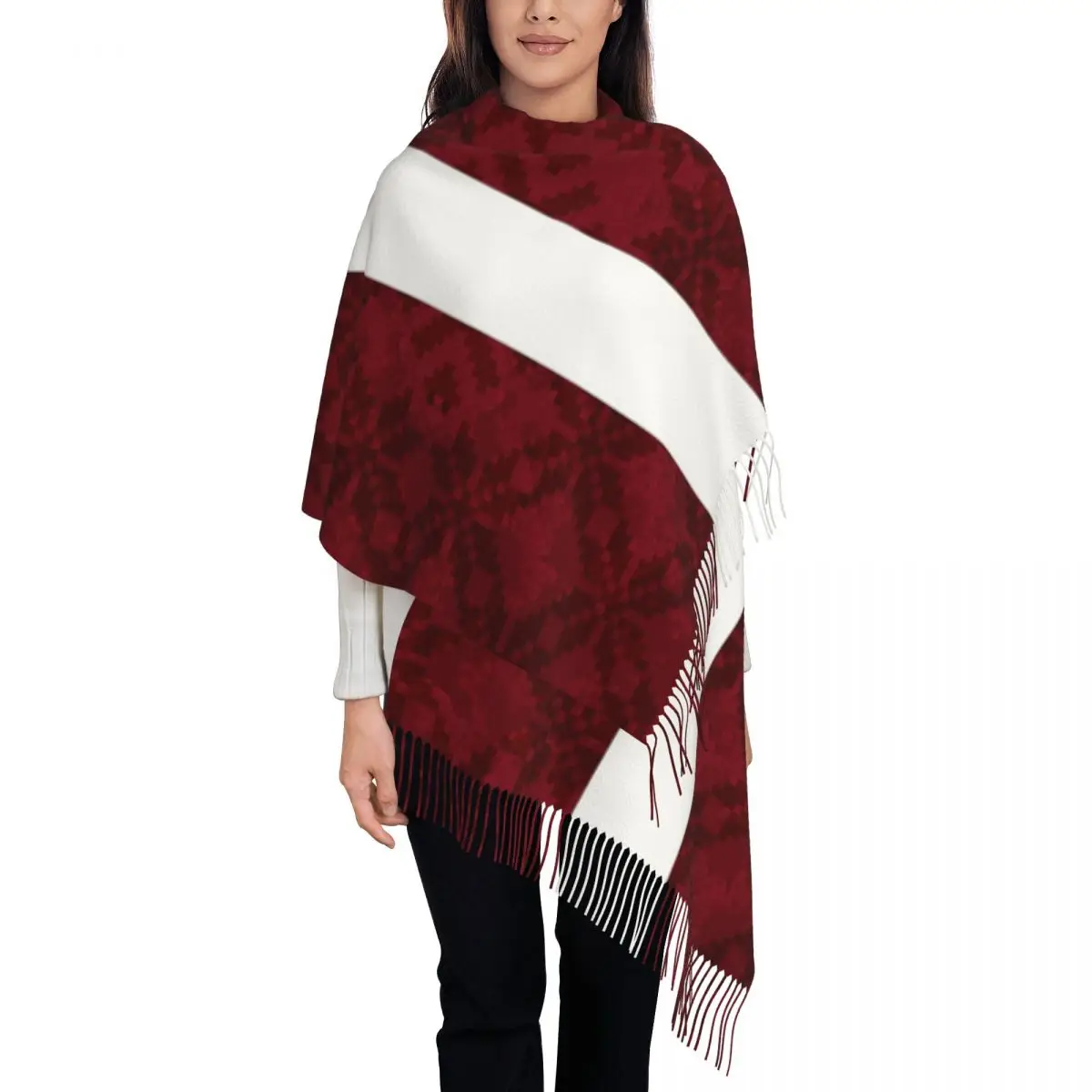 Latvian Flag With Traditional Pattern Scarf for Womens Fall Winter Cashmere Shawls and Wrap Long Scarves with Tassel