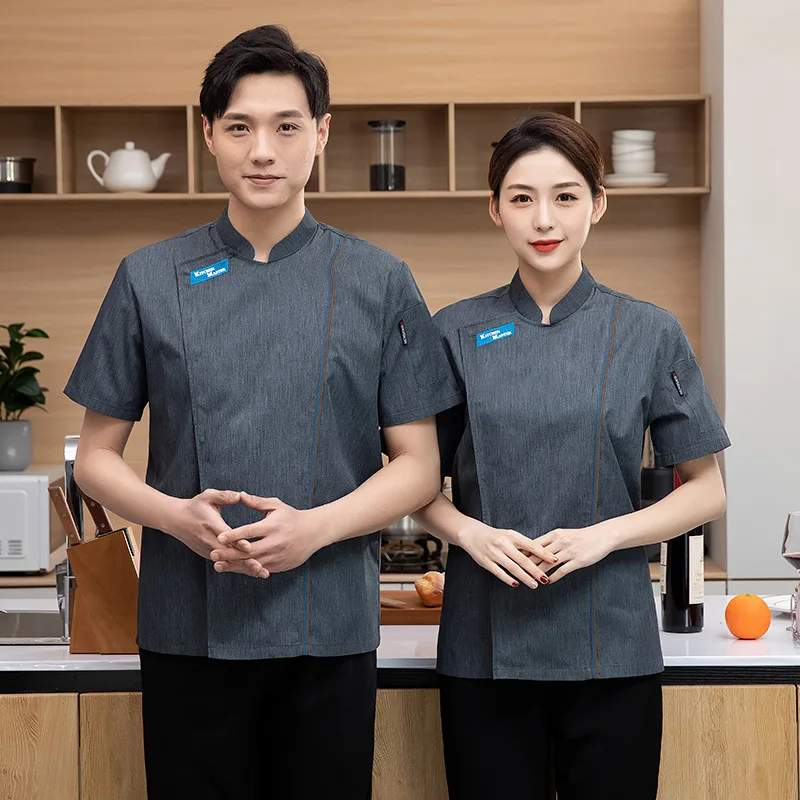 New Chef Overalls Summer Two Sides Mesh Breathable Polyester Cotton Short Sleeve Men's Hotel Dining Kitchen Kitchen Kitchen West