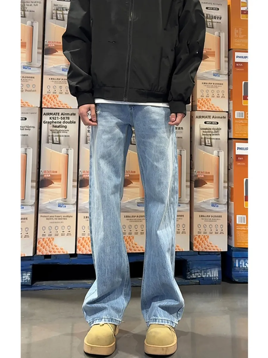 

Светло-голубые мужские джинсы с узором молнии, прямые, эластичные, свободного кроя, в американском стиле, стандартный крой