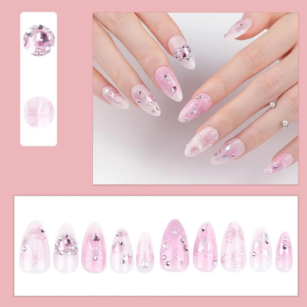 

Sweet Heart Bow-adorned Nails Long Almond Pink Y2k Fake Press On Nails Detachable Sparkling Rhinestones Decor Fake Nail