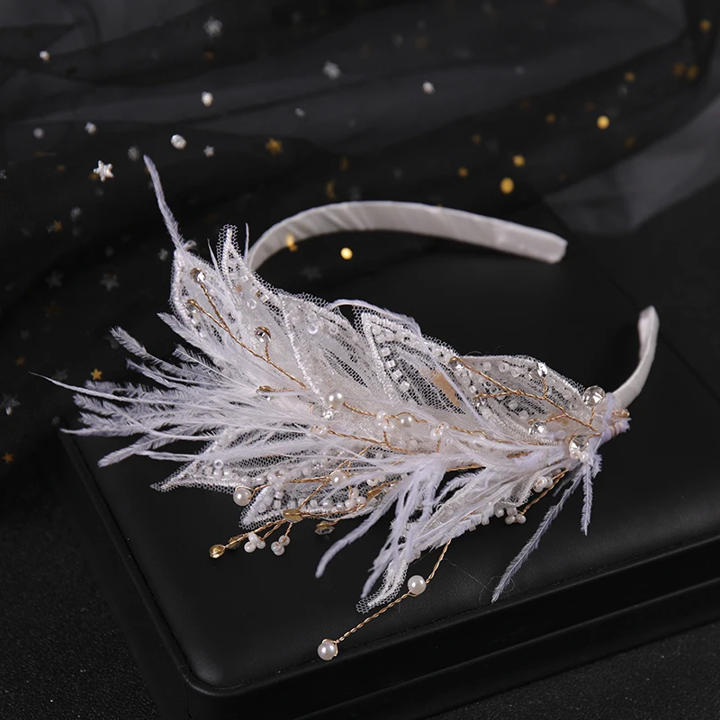 Bridal Wedding Hair ornaments wedding headdress popular pearl feather hair hoop women\'s Crystal Crown dress accessories