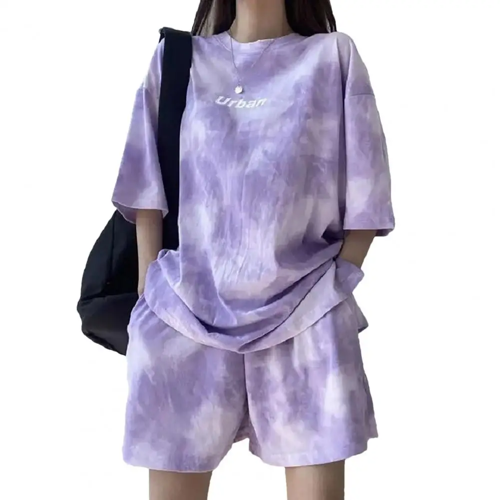 Women T-Shirt Shorts Suit Set Casual Tie Dye Loose Tshirt And Wide Leg Middle Shorts With Pockets Female Soft Summer Shorts Sets