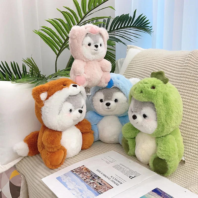 New Creative Cute Husky Dog peluche farcito Kawaii Puppy Dog Transform to Pig Koala Dinosaur Fox Cartoon Soft Animal Doll