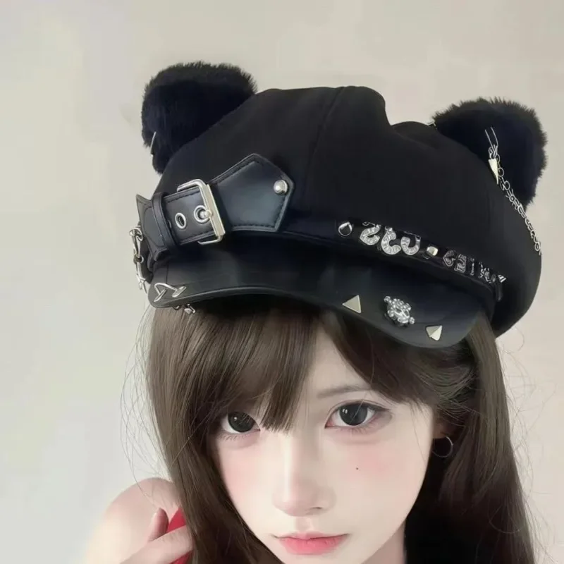 

Harajuku Gothic Lolita Cool Punk Skull Spike Cap Biker News Boy Hip Pop Hats Mens Women Unisex Beret Cat Ear Design Punk Caps