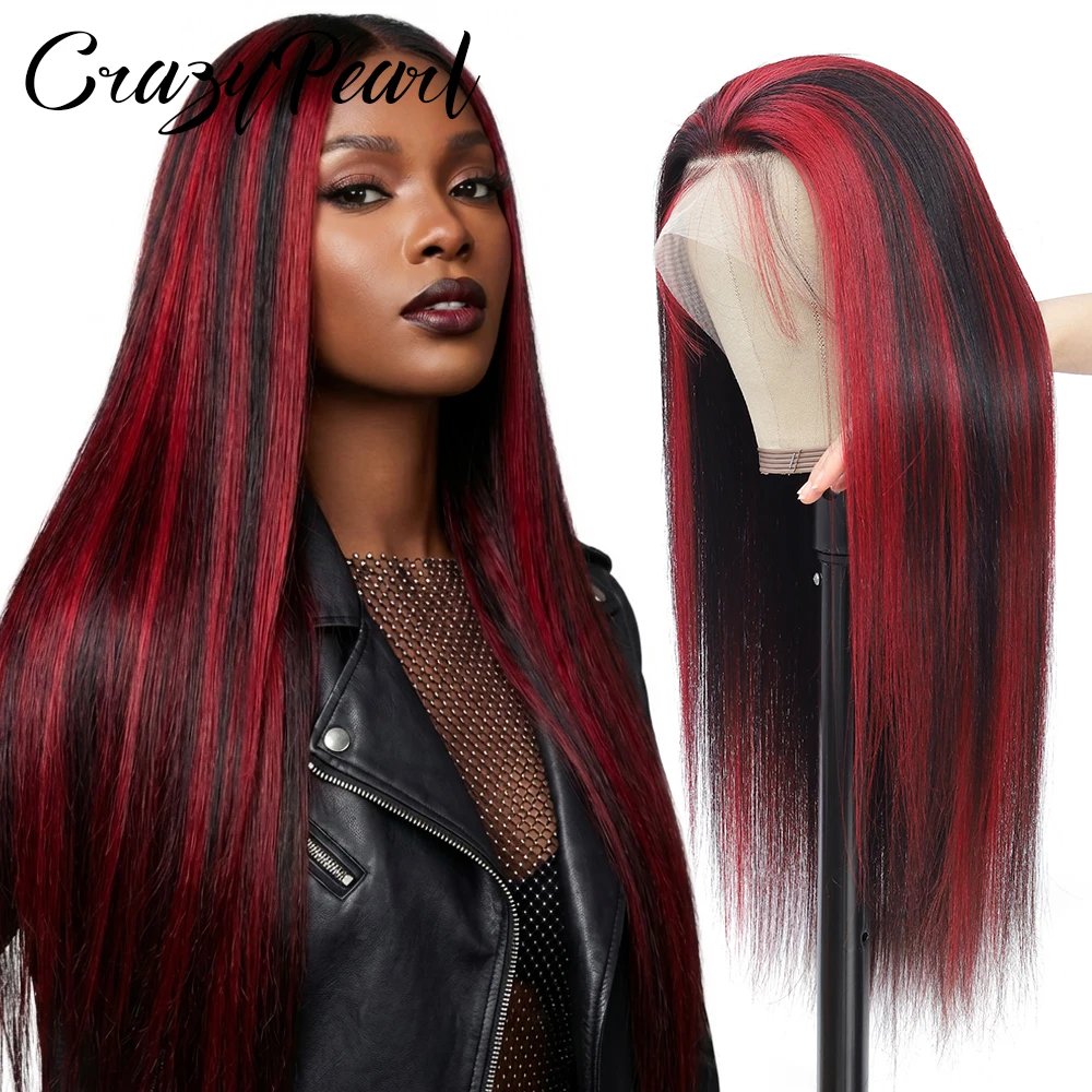 

P1B/99J Burgundy Highlight Straight Human Hair Wig 13X4 HD Lace Frontal Wigs Human Hair Pre Plucked Bold Wine Red Streak Wig