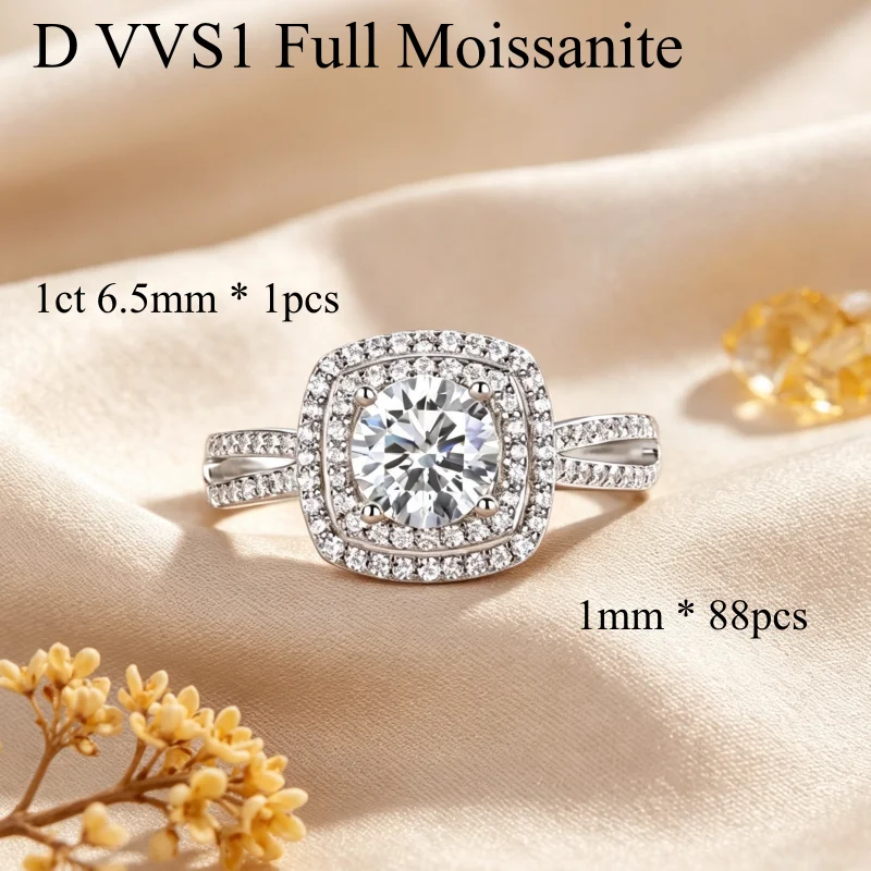 NKHOG 1CT Full Moissanite Rings For Women S925 Silver Halo Engagement Wedding Ring Split Shank Band Fine Jewelry Gifts Certified