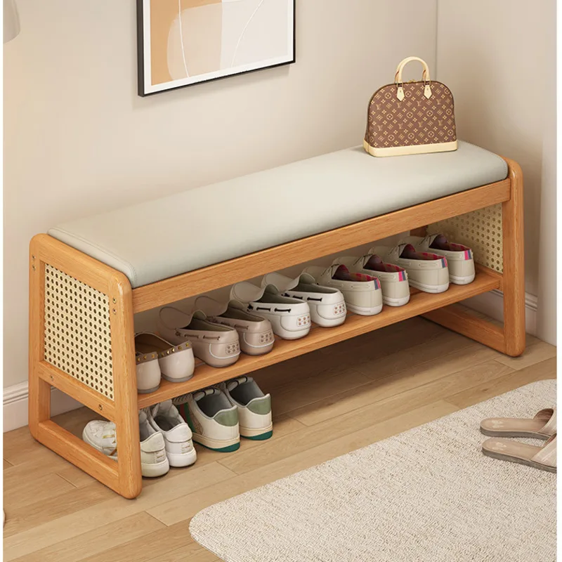 

Nordic Shoe Cabinet 2 Layers Solid Wood Foot Stool Imitation Rattan Weaving Entrance Bench Comfort Seat Cushion Hallway Ottoman