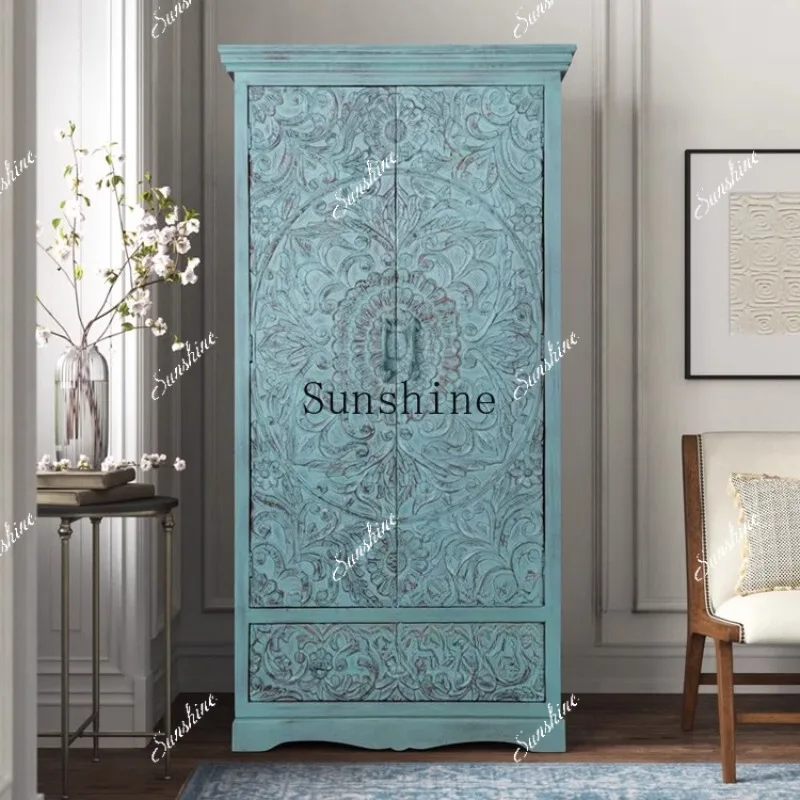 

American retro old solid wood carving flower wardrobe double door wardrobe bedroom small apartment locker FT