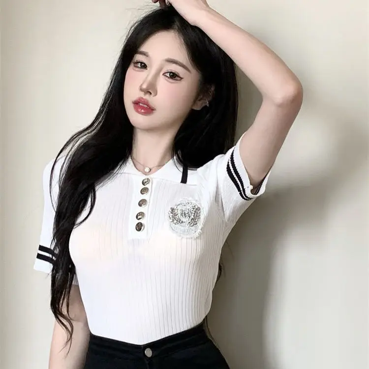 

Korea Women Fashion Summer Sweet Cute Diamond Preppy Color Matching Short Sleeved Ice Silk Knitted Polo Shirt Top