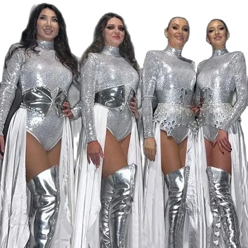 Bar Nachtclub ds Leistung Rave Outfits sexy Gogo Tanz kostüme Silber Pailletten Bodysuit Laser Beine Abdeckung Drag Queen Kostüm