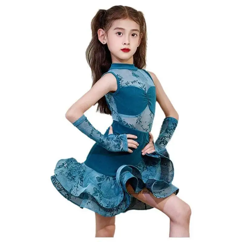 

Кружевное бархатное сетчатое платье для латинских танцев для девочек, американский танец, румба, ча-ча, самба, танго, костюм для соревнований, тренировочная одежда для детей