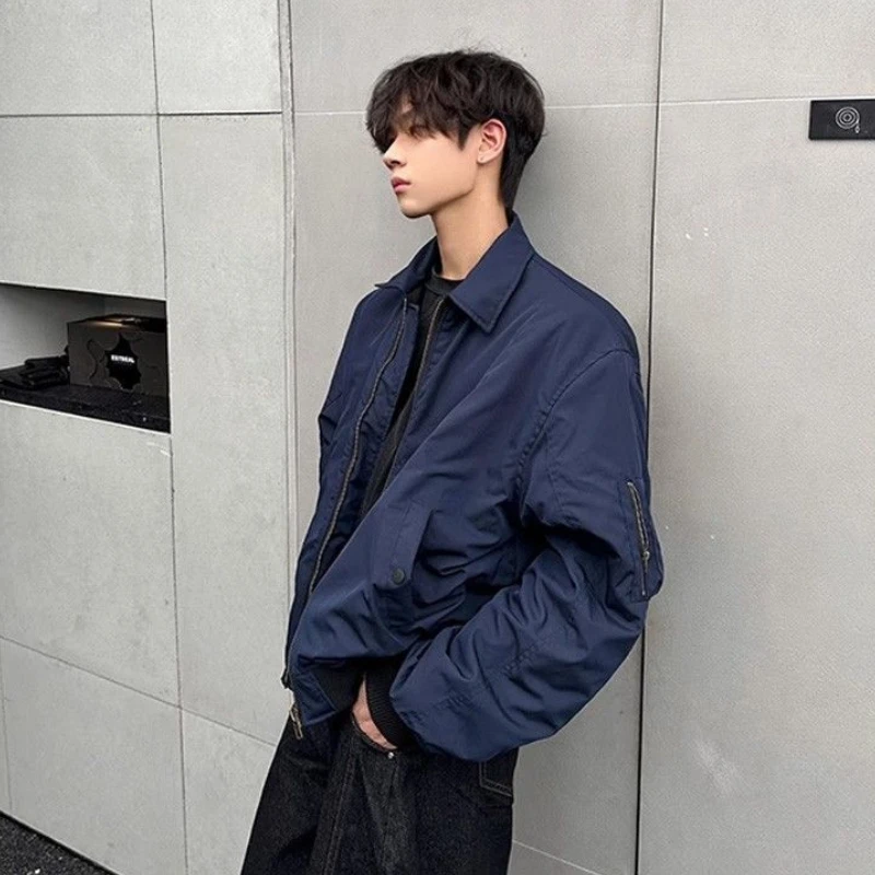 

Korean Retro Navy Blue Work Jacket Men's Trendy Brand Niche Design Y2K High Street Baseball Uniform Pilot Jacket Tops