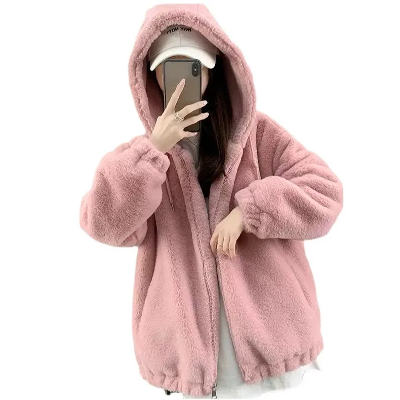 Women Faux Rabbit Fur Coats Solid Fur Jackets Mid Length Zipper Pocket Cotton Linen Hooded Long Sleeve Casual 2026 Autumn Winter - view 5