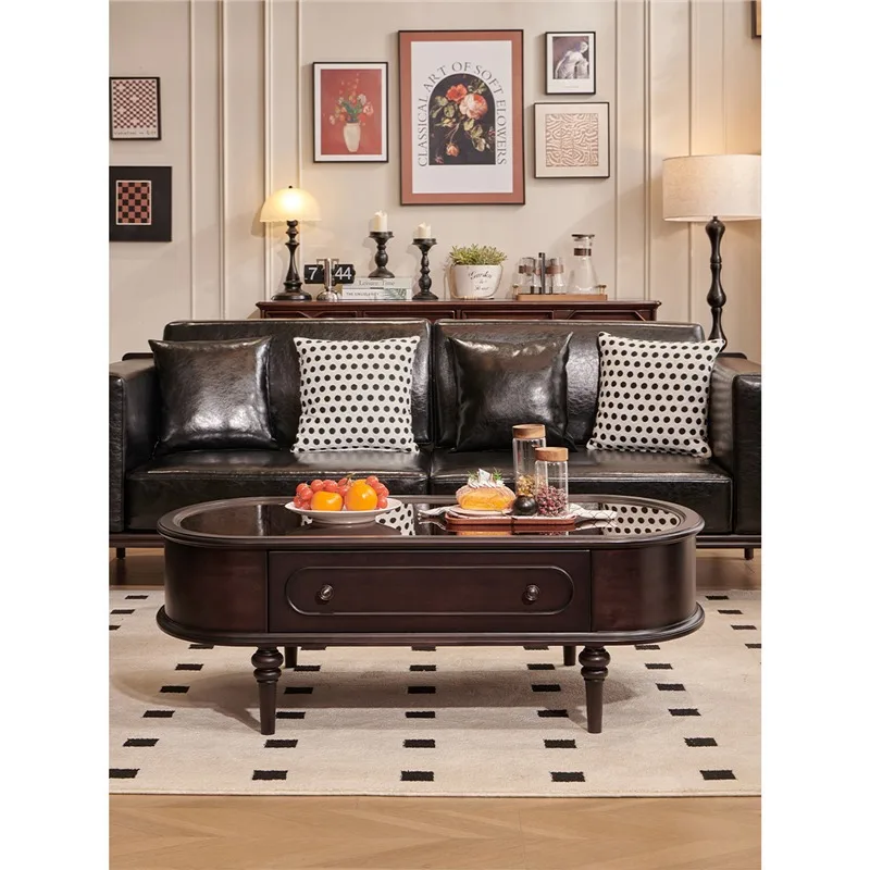 طاولة القهوة الأمريكية الرجعية الزجاج تخزين الراقية الأثاث الأسود طاولة القهوة الخشبية الصلبة