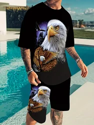 3D Printed Eagle Eagle Pattern Print,Men's 2Pcs Outfits,Casual Crew Neck Short Sleeve T-shirt Drawstring Shorts Set For Summer