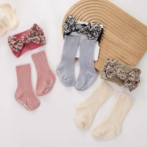 2pcs Baby Girls Socks Headband Set Cute Princess Soft Cotton Ribbed Socks and Knot Headwear for Newborn Infants Socks