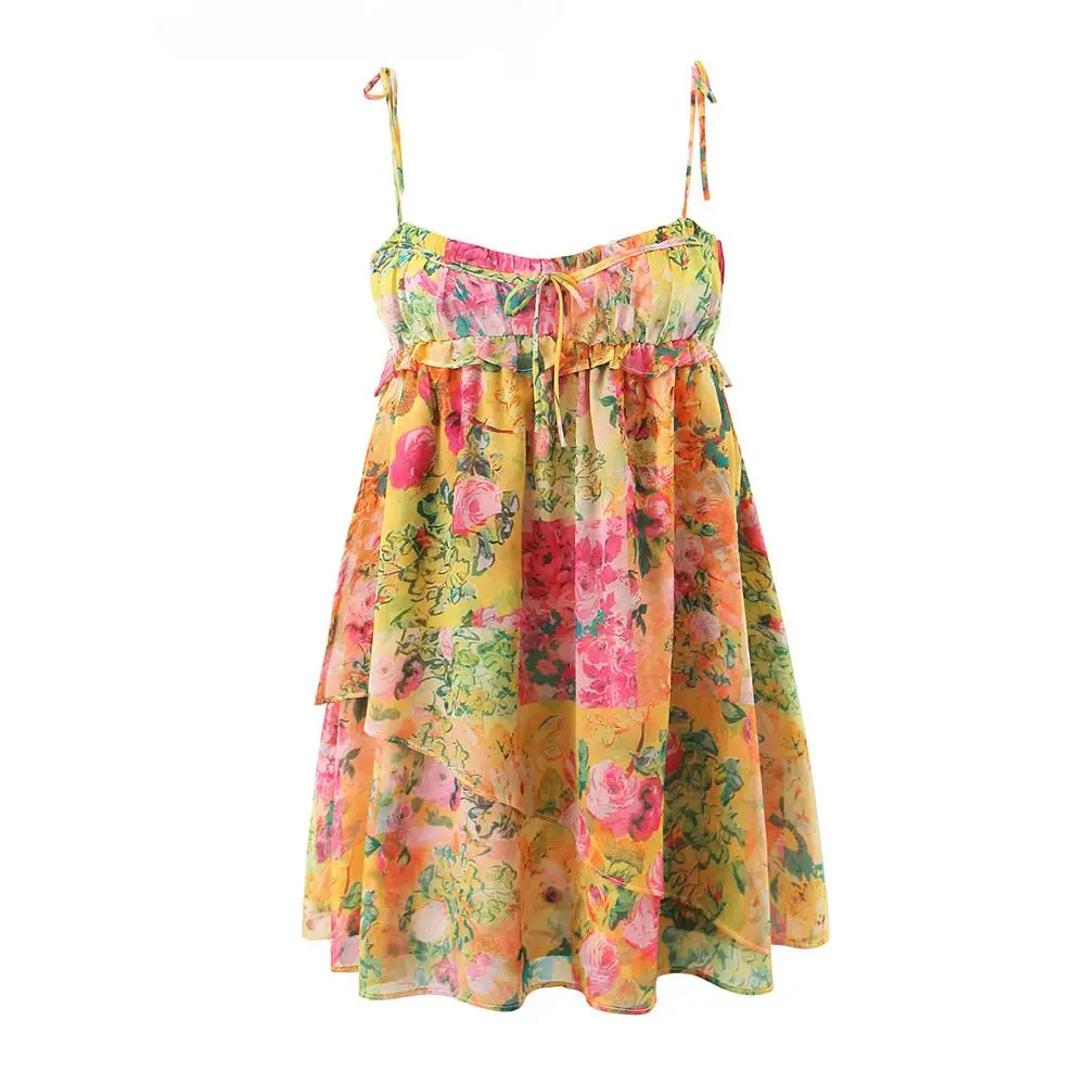 

2026 Spring Summer New Fungus Lace Short Strap Dress Woman Sexy Sweet Backless Printed Tie Mini Dress Female