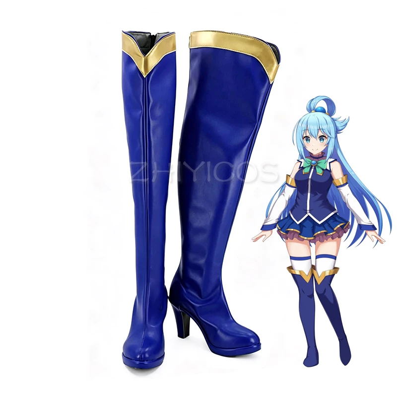 Anime KonoSuba God's Blessing on This Wonderful World Aqua Cosplay Boots High Heel Shoes Knee High Halloween Party Shoes Props