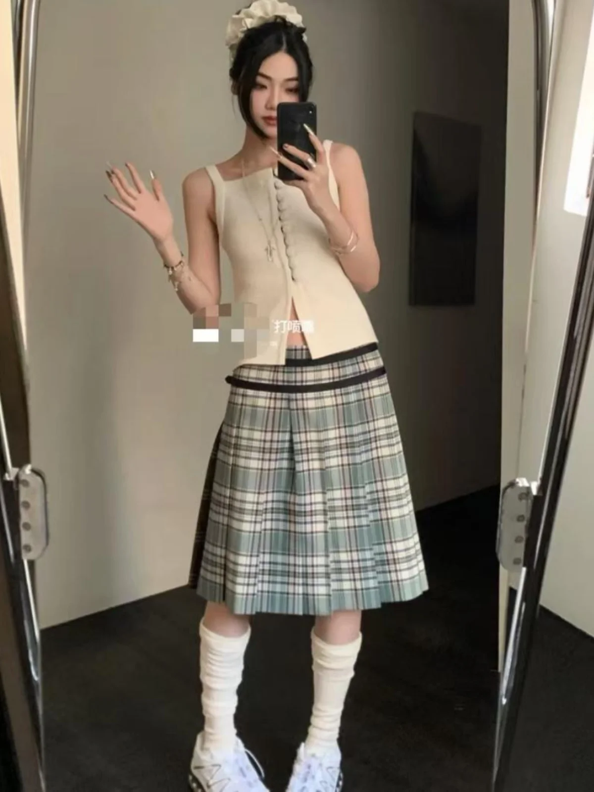 

Double-Sided Plaid Tulle Skirt Casual Style High Waist Polyester Cotton Silk Blend Material Citywalk Spring Season Half-length