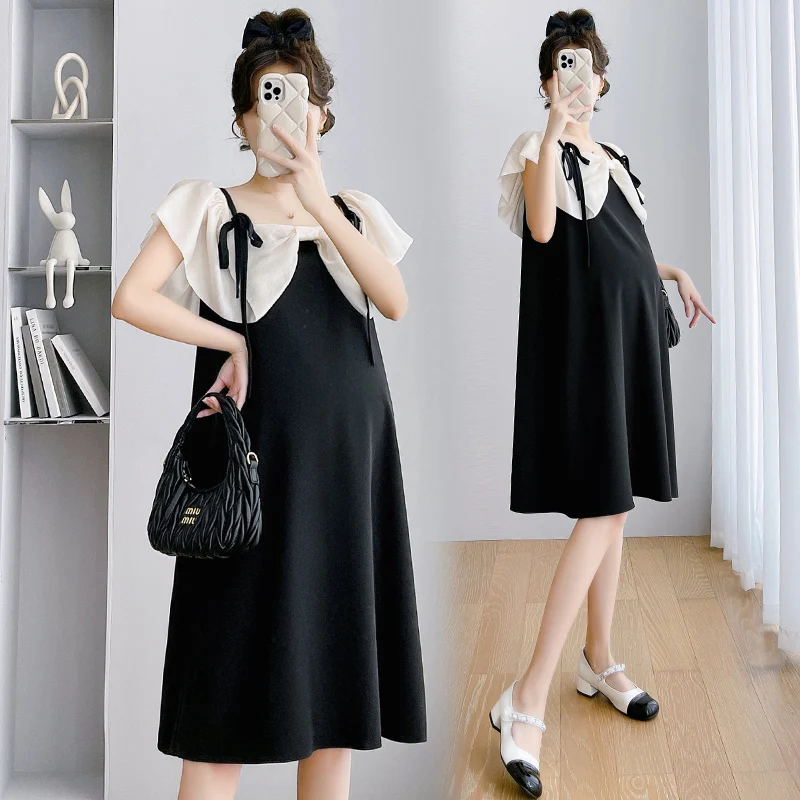 

Summer Pregnant Women's French Style Large Size Bowknot Dress Sweet Square Collar Block Color Patchwork Maternity A-Line Dresses